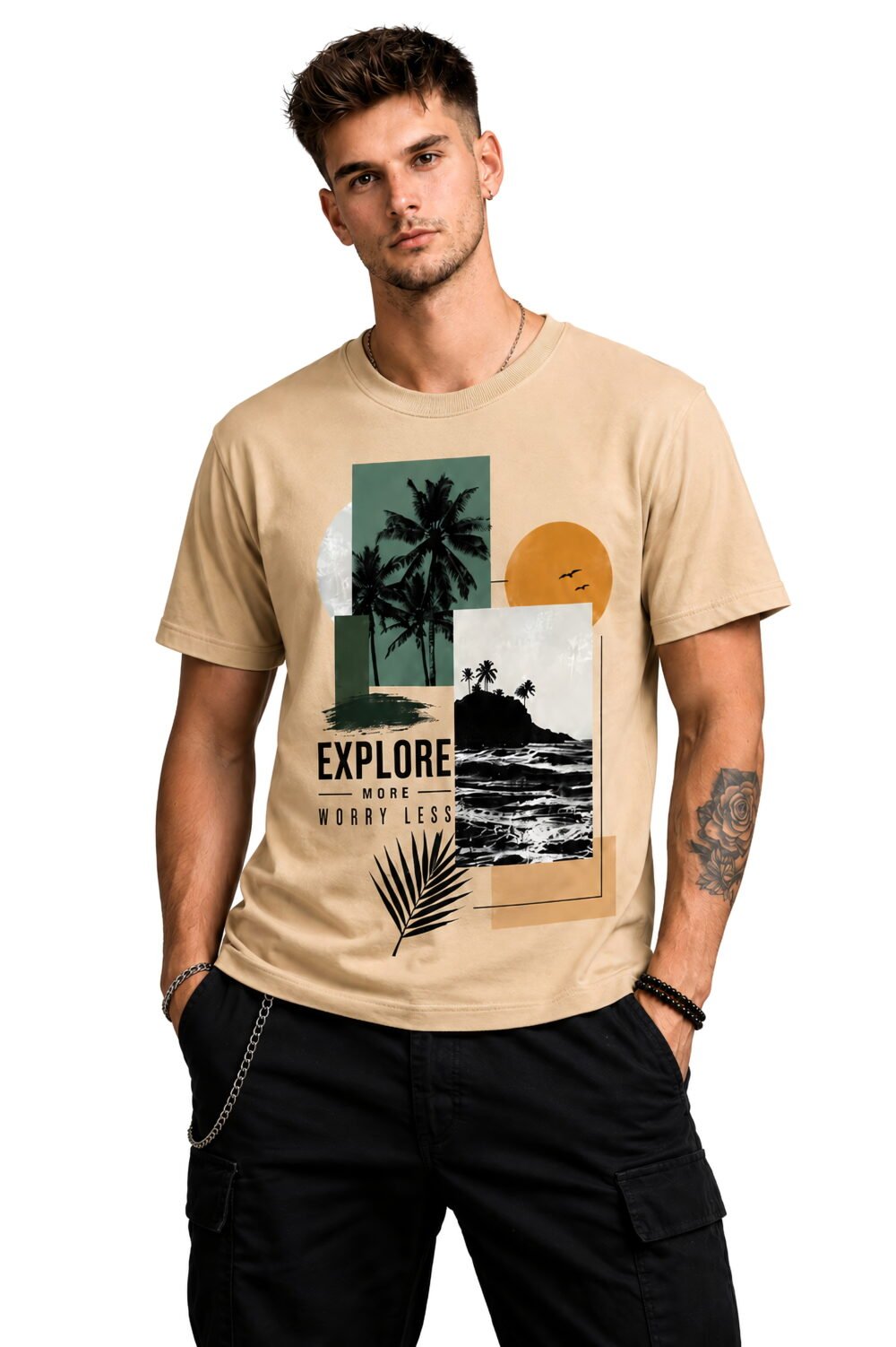 Explore More Worry Less Beige Regular Fit T-Shirt